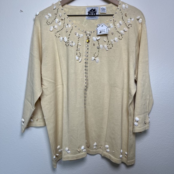 NEW Storybook Knit Women Seashell Cardigan Sweater 1X Yellow Full Zip Beach - Picture 1 of 13